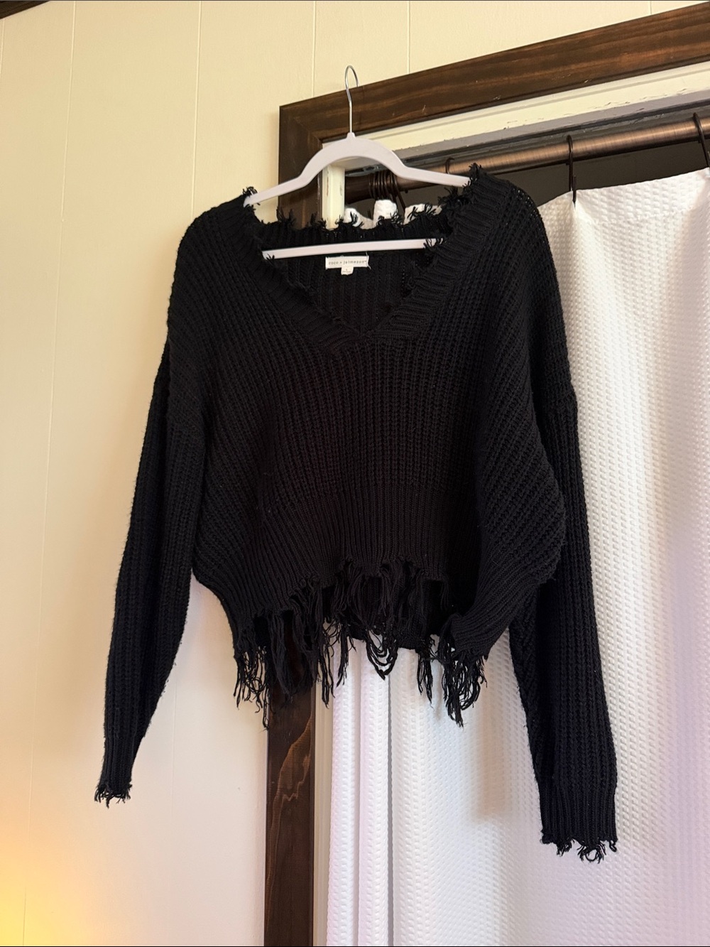 Black Distressed V-Neck Women's Sweater